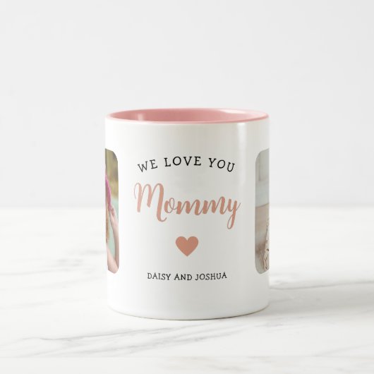 We houden van je mama 2 foto modern roze tweekleurige koffiemok (Center)