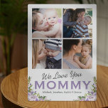 We houden van je mammie Floral foto Fotoplaat<br><div class="desc">Fotoplak van zoete moeders met 4 vierkante afbeeldingen,  paarse waterverf bloemen,  de woorden "we houden van je mama" en de kinder namen.</div>
