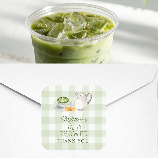 We houden van je, Matcha Green Gingham Baby shower Vierkante Sticker