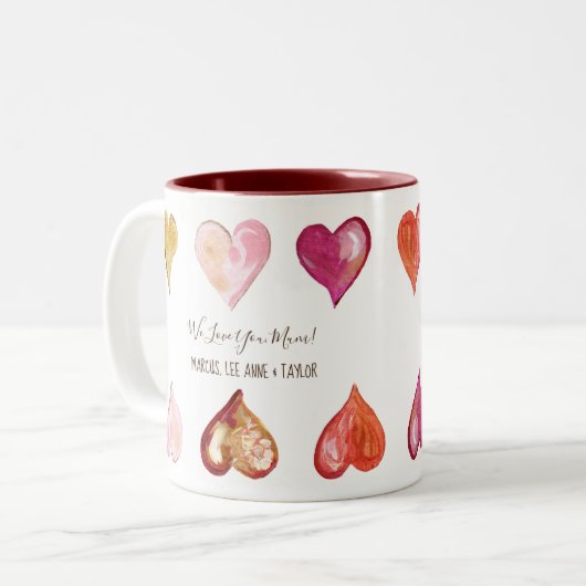 We houden van je moeder moderne kunst geschilderd  tweekleurige koffiemok (Voorkant links)