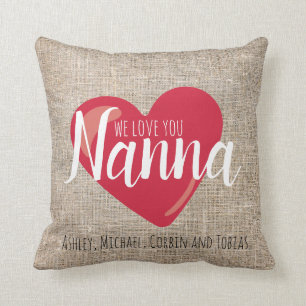 We houden van je Nanna Faux Burlap Red Heart Kussen