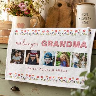 We houden van je oma bloemen 5 foto's aandenken theedoek