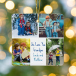 We houden van je opa Custom Cute Kinder Photo Coll Keramisch Ornament<br><div class="desc">Deze schattige, op maat gesneden kerstversiering heeft een moderne lay-out van vier familiefoto's op een witte achtergrond met blauwe typografie die ons van je houdt. Deze mooie foto-cadeau voor kleinkinderen bevat je eigen foto-collage met je persoonlijke boodschap en namen. Voeg een 5e afbeelding op de rug van deze dubbelzijdige versiering...</div>