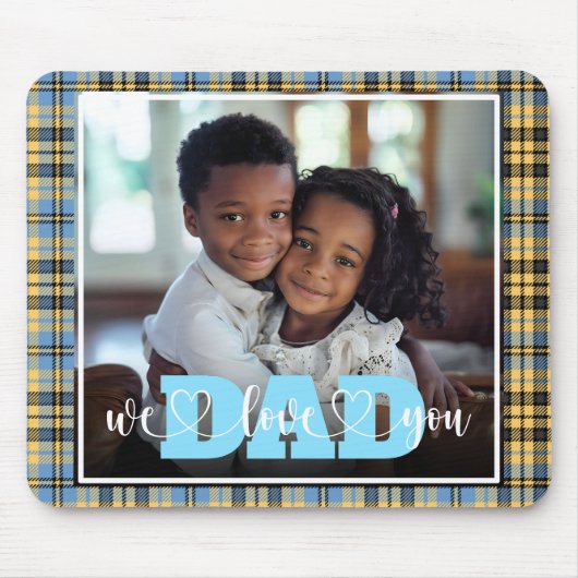 We houden van je papa blauw geel geruite aangepast muismat (Voorkant)