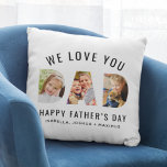 We houden van je vaders Dag 3 Foto Collage Kussen<br><div class="desc">Creëer een stijlvol en gedenkwaardig geschenk voor pap deze Vaderdag! Deze douane werpen kussen met een collage van drie favoriete familieafbeeldingen van de kinderen (voor en achter) die als modern en gewaagd worden ontworpen serif typografie. Geef de tekst "We houden van je / Happy Vaderdag" een persoonlijk tintje met de...</div>