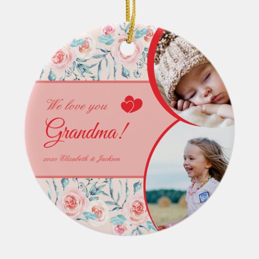 We houden van oma Pink Floral Kind Foto Kerstmis Keramisch Ornament (Voorkant)