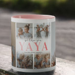 We houden van YaYa Photo Collage Mok<br><div class="desc">Een koffie-mok voor een speciale yaya met een sjabloon van 6 fotocollage van de kleinkinderen,  de woorden "we houden van je yaya" in een schattig roze gradiëntlettertype,  en de kinder namen.</div>