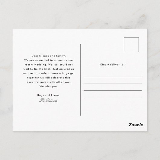 We konden niet wachten op de trouwaankondiging. briefkaart (Achterkant)