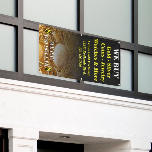 We kopen gouden zilveren munten sieraden zijwand spandoek (Buitenkant Gebouw)