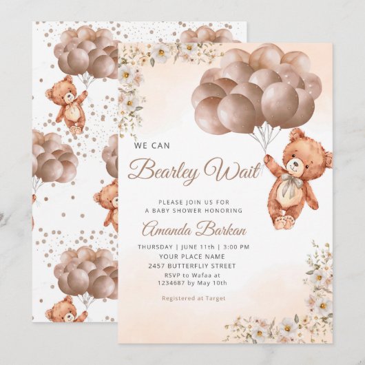 We kunnen Bearly Wait Balloons Floral Boy Baby sho Kaart (Voorkant / Achterkant)