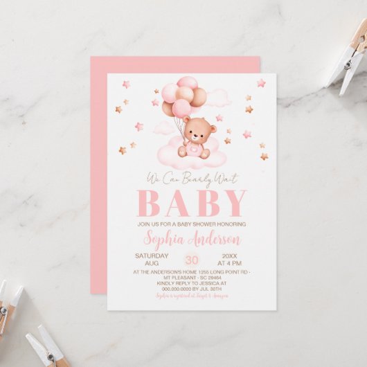 We kunnen Bearly Wait Balloons Girl Baby shower Kaart (Voorkant / Achterkant in situ)