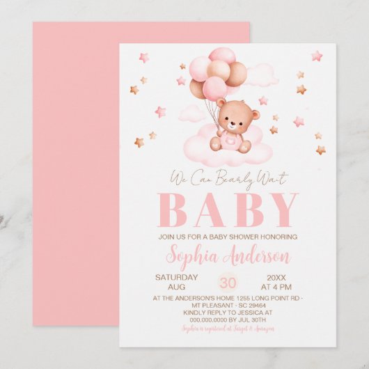 We kunnen Bearly Wait Balloons Girl Baby shower Kaart (Voorkant / Achterkant)