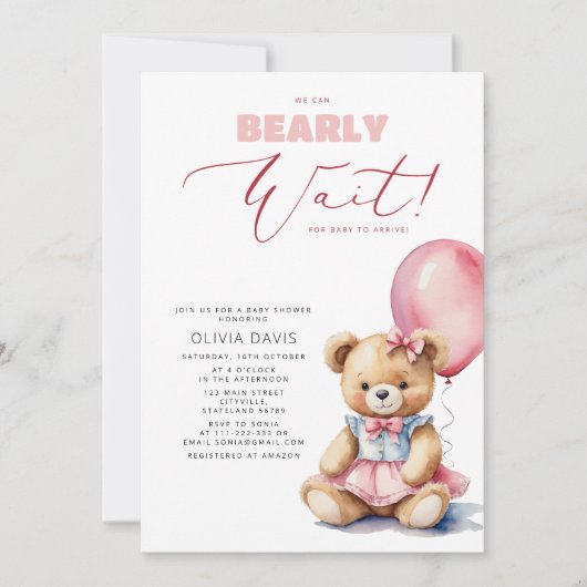 We kunnen bijna wachten Beer ballon meisje Baby sh Kaart (Voorkant)