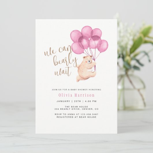 We kunnen bijna wachten Beer roze ballon Baby show Kaart (Staand voorkant)