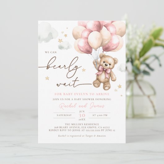 We kunnen bijna wachten Beer roze ballon Baby show Kaart (Staand voorkant)