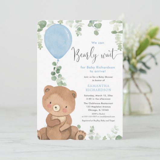 We kunnen bijna wachten jongen baby shower ballon kaart (Staand voorkant)