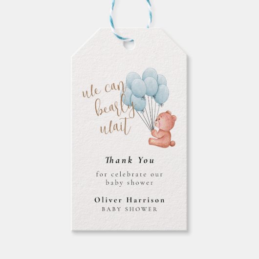 We kunnen bijna wachten op Beer Blue Balloon Baby  Cadeaulabel (Voorkant)