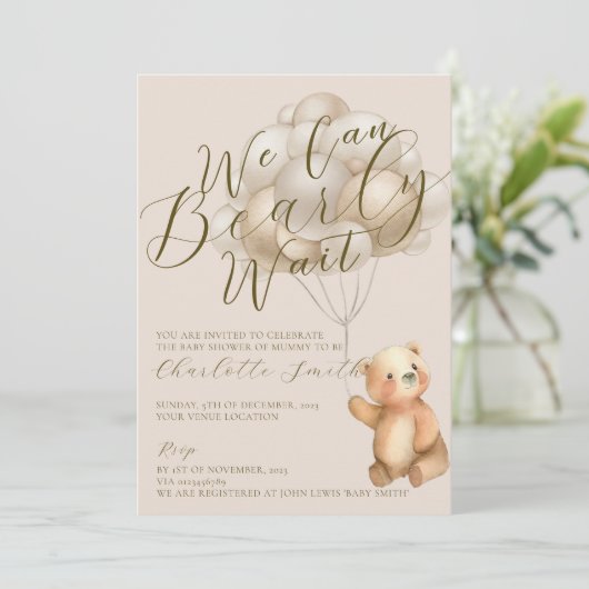 We kunnen bijna wachten op Teddy Bear Balloons Bab Kaart (Staand voorkant)