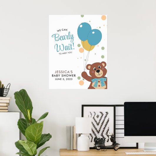We kunnen bijna wachten schattig Beer blauw baby j Poster (Thuiskantoor)