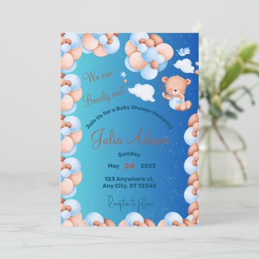 We kunnen het Baby shower van een blauwe ballonjon Kaart (Staand voorkant)