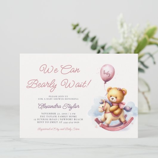 We kunnen moeilijk wachten rocking paard baby meis kaart (Staand voorkant)