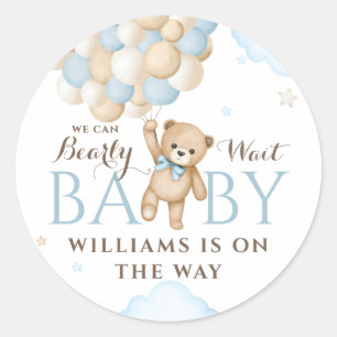 We kunnen nauwelijks wachten ballon beer baby boy  ronde sticker