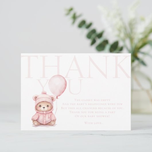 We kunnen nauwelijks wachten roze Beer Baby shower Bedankkaart (Staand voorkant)