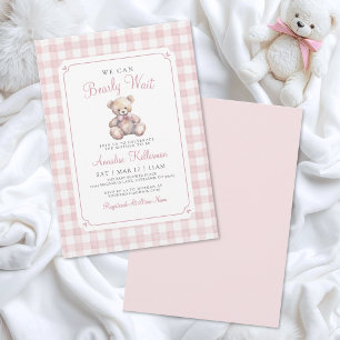 We kunnen nauwelijks wachten Roze Beer Baby Shower Kaart