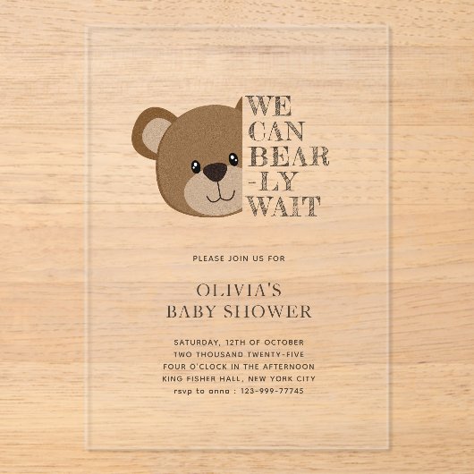 We kunnen nauwelijks wachten | Schattige teddybeer Acryl Uitnodigingen (Voorkant)