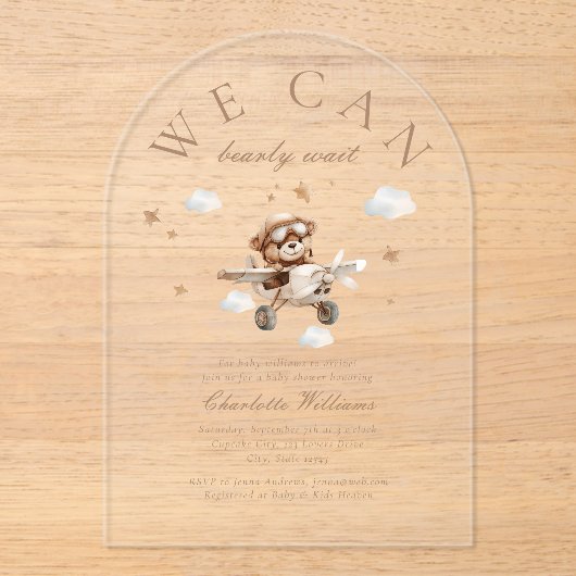 We kunnen nauwelijks wachten! Teddybeer en vliegtu Acryl Uitnodigingen (Voorkant)