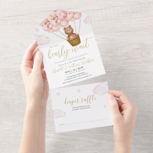 We kunnen nauwelijks wachten Teddybeer Roze Baby S All In One Uitnodiging (Afscheurbaar)