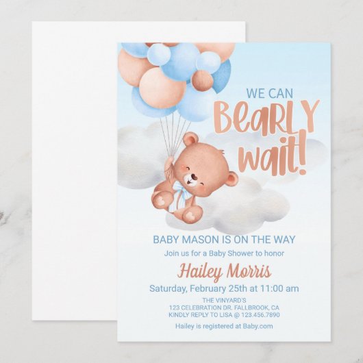 We kunnen wachten, Beer uitnodiging, Baby shower. Kaart (Voorkant / Achterkant)