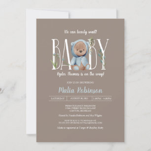 We kunnen wachten. Blue Teddy Bear Baby shower Kaart