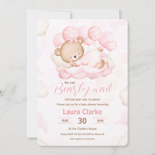 We kunnen wachten, meisje roze Beer Baby shower Kaart (Voorkant)