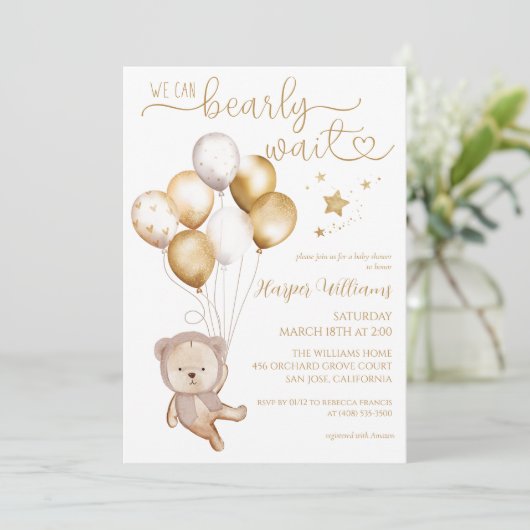 We kunnen wachten op gouden ballonnen Baby shower Kaart (Staand voorkant)