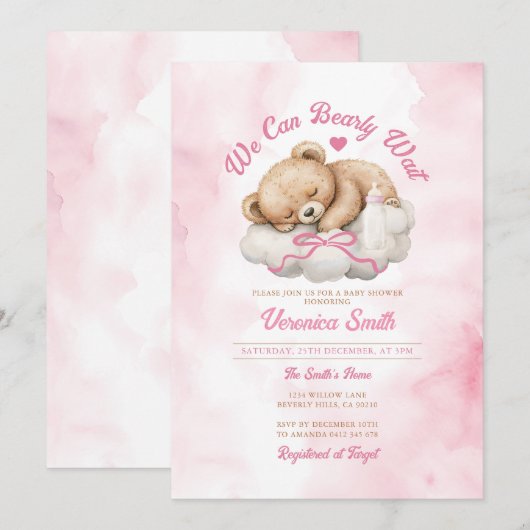 We kunnen wachten op Pink Bow Beer Girl Baby showe Kaart (Voorkant / Achterkant)