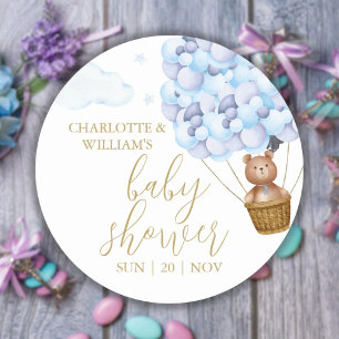 We kunnen wachten op Teddy Bear Blue Baby shower. Ronde Sticker