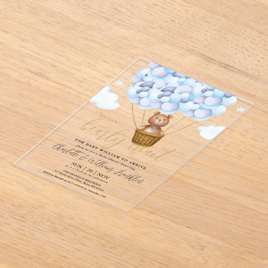 We kunnen wachten tot Teddy Bear Blue Boy Baby sho Acryl Uitnodigingen (Laagn)