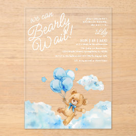 We kunnen wachten tot Teddy Bear Blue Boy Baby sho Acryl Uitnodigingen