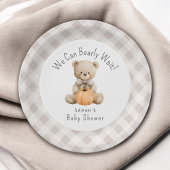 We kunnen wachten tot Teddy Bear Boy Baby shower Papieren Bordje