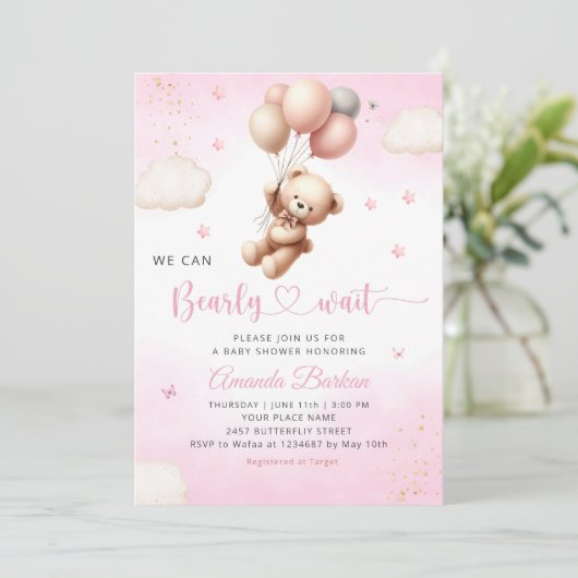 We kunnen wachten tot Teddy Bear Girl Baby shower Kaart (Staand voorkant)