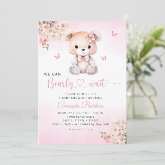 We kunnen wachten tot Teddy Bear Girl Baby shower Kaart (Staand voorkant)