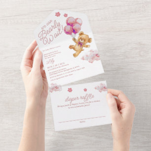 We kunnen wachten tot Teddy Bear Pink Baby shower All In One Uitnodiging