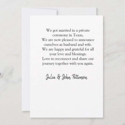 We liepen samen weg, naam stad, datum net getrouwd aankondiging (Achterkant)