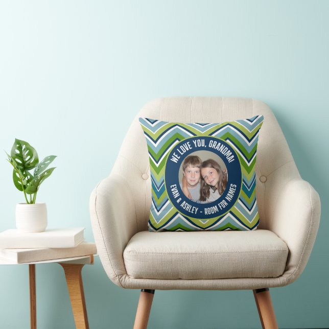 We Love Grandma - Aangepaste foto - blauwe chevron Kussen (Stoel)