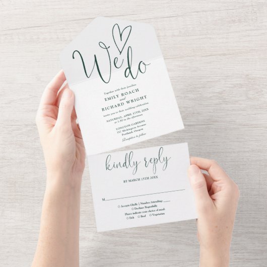 We Love Heart Script Groene Smaragd Trouwdag All In One Uitnodiging (Afscheurbaar)
