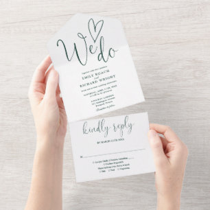 We Love Heart Script Groene Smaragd Trouwdag All In One Uitnodiging