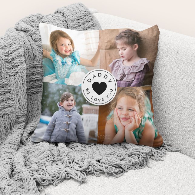 We Love You Daddy Modern / 4 Fotocollage Kussen (Cute custom photo collage "Daddy We Love You" throw pillow.)