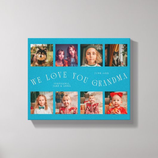 We Love You Grandma | 8 Photo Grid Aqua Peach Canvas Afdruk (Voorkant)