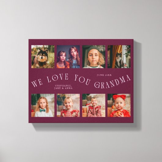 We Love You Grandma | 8 Photo Grid Cranberry Canvas Afdruk (Voorkant)